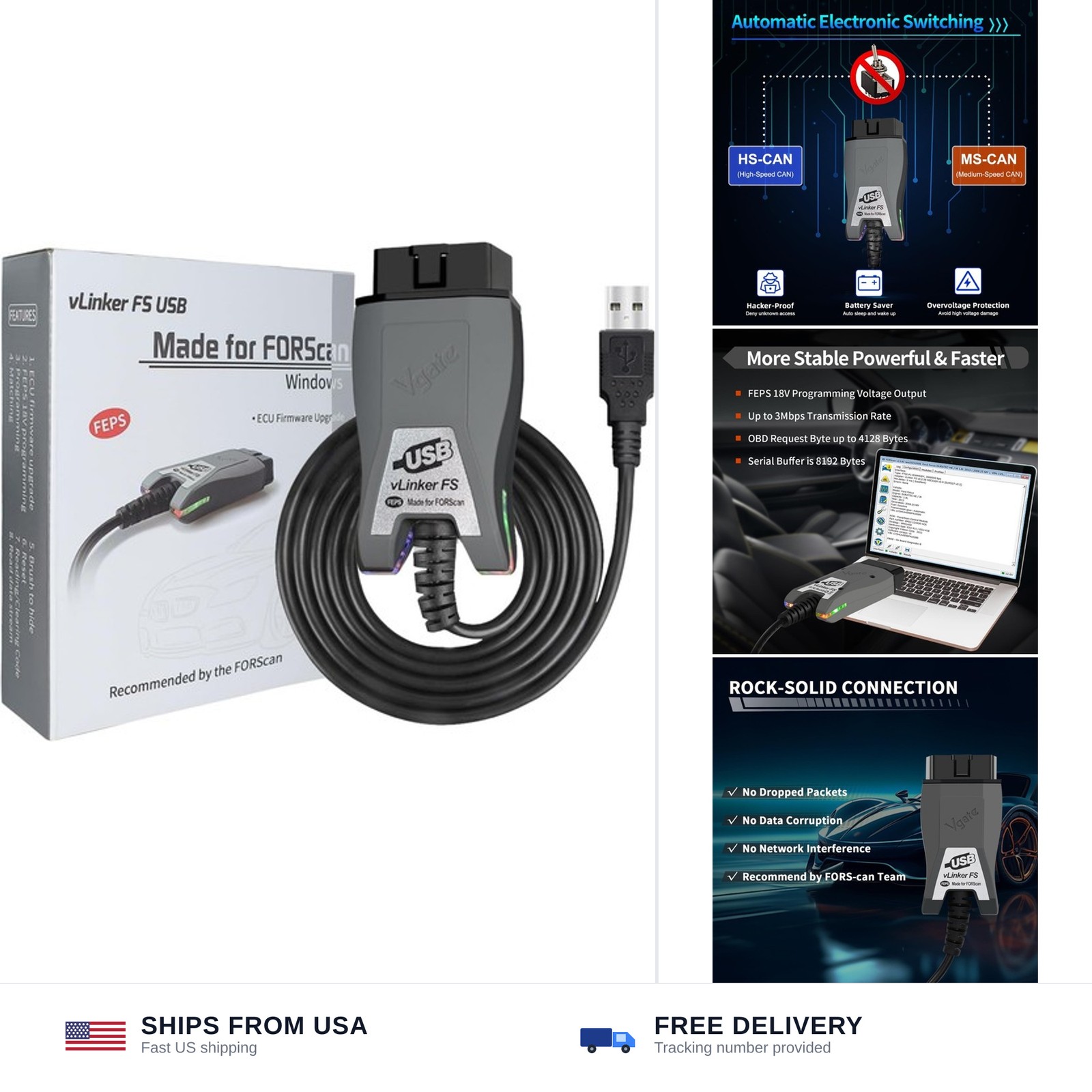 vLinker USB OBD2 FORScan Adapter HS/MS-CAN Auto Switch Ford Lincoln Mazda