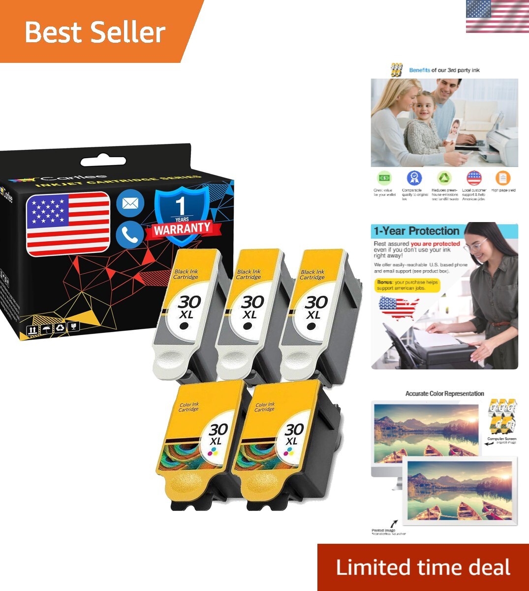 5 Pack Kodak 30XL High Capacity Ink Cartridges - Hassle-Free Guarantee Included