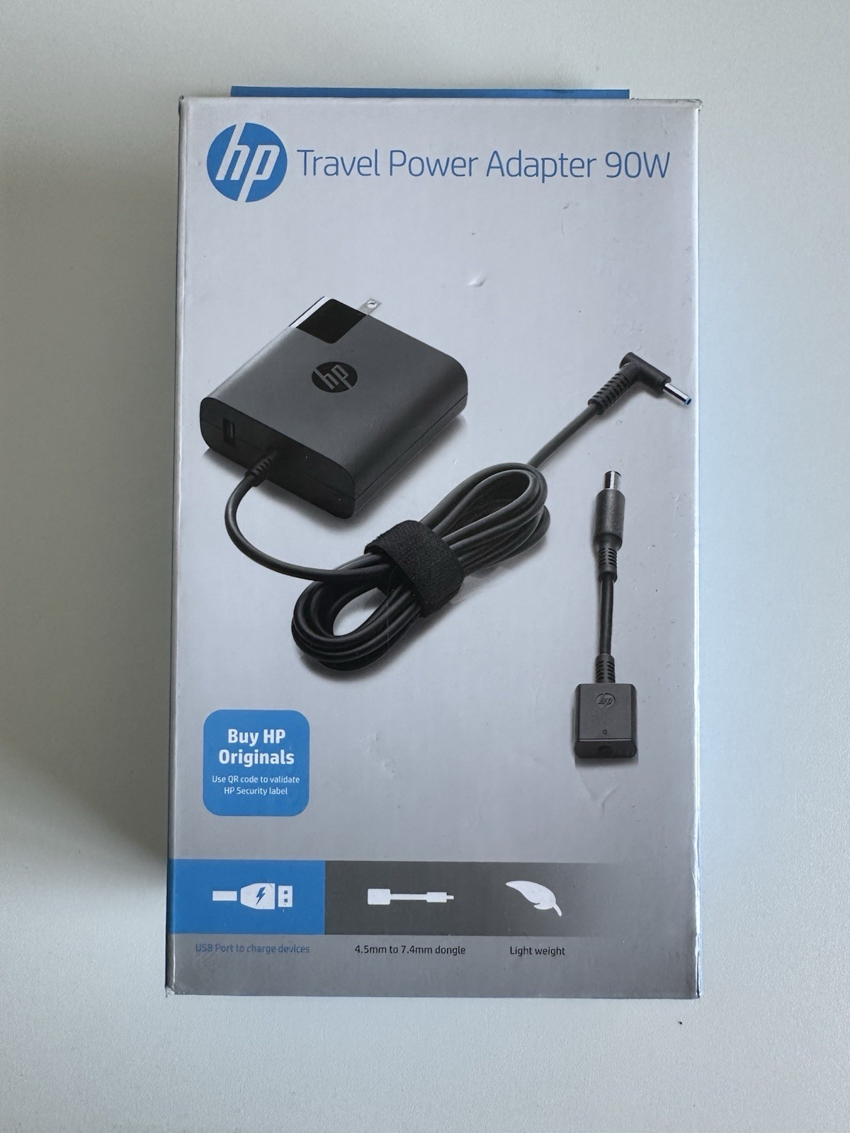 HP 90W Travel Laptop Power Adapter Charger 4.5mm Blue Tip New Open Box Genuine