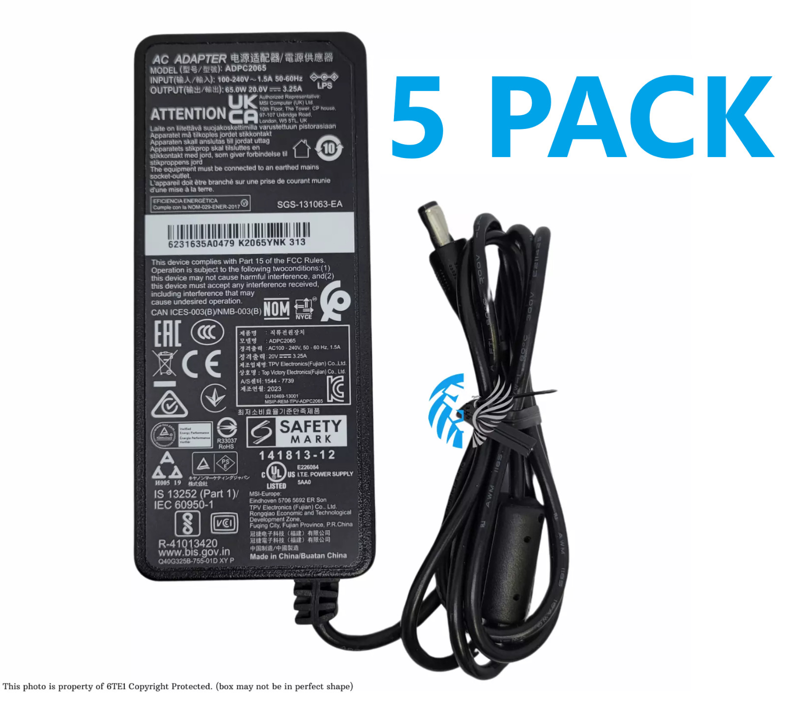 5 PACK AC Adapter ADPC2065 65W 20V 3.25A Power Supply for Monitors (Original)™