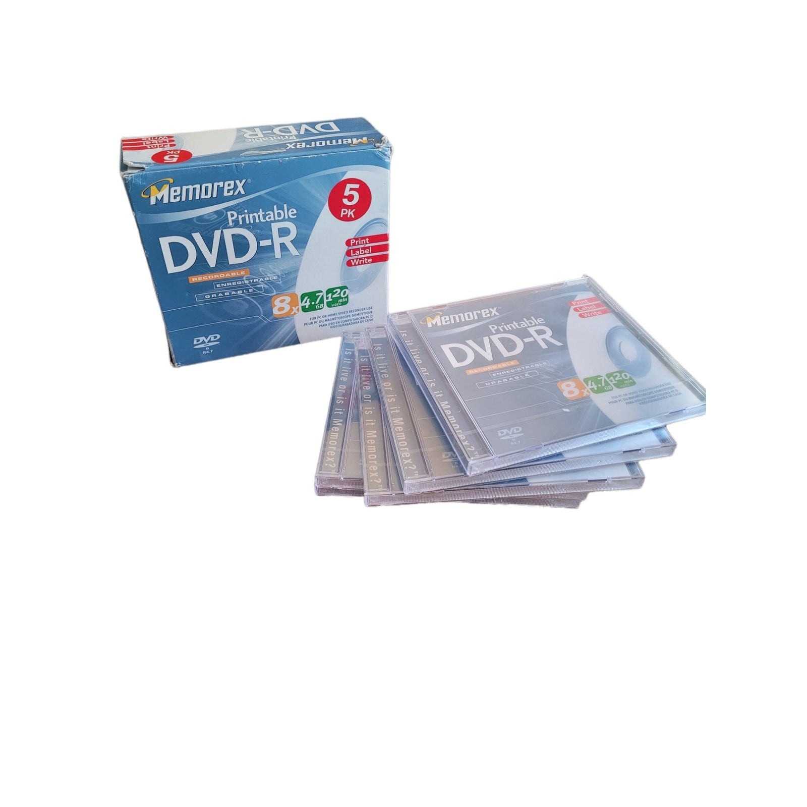 5 Pack MEMOREX Printable Recordable DVD-R 8X 4.7 GB 120 Min Print Write Label