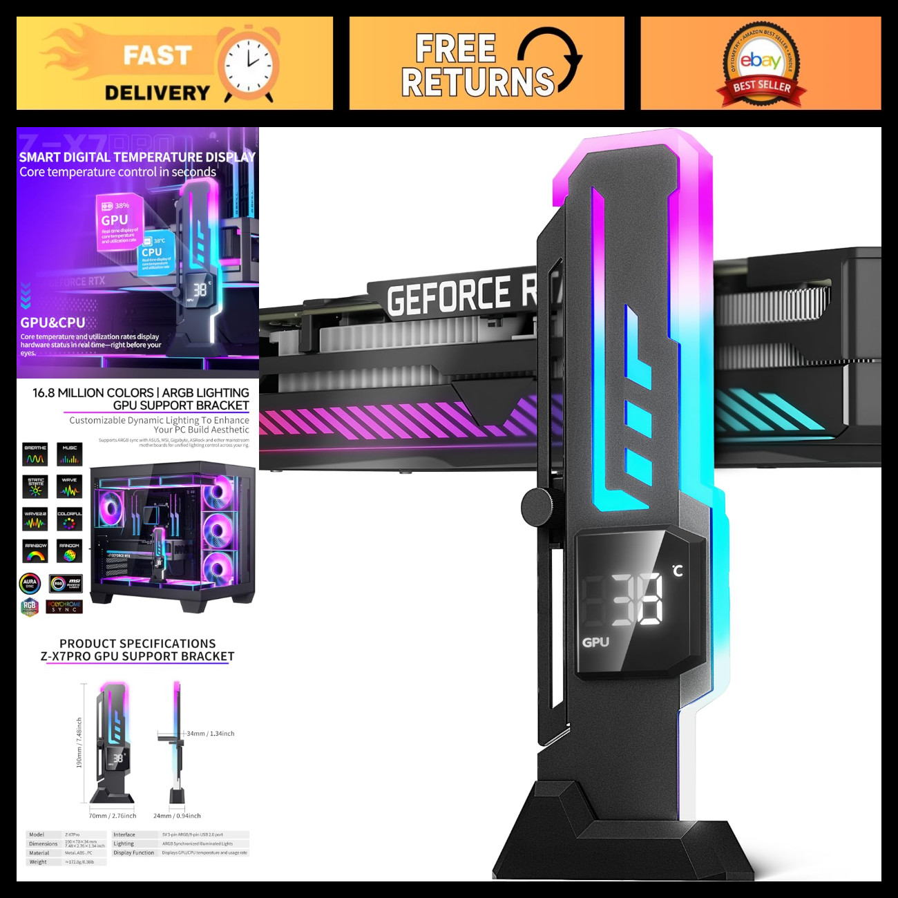 Adjustable ARGB GPU Support Bracket with Temp Display, Non-Slip Base, Universal