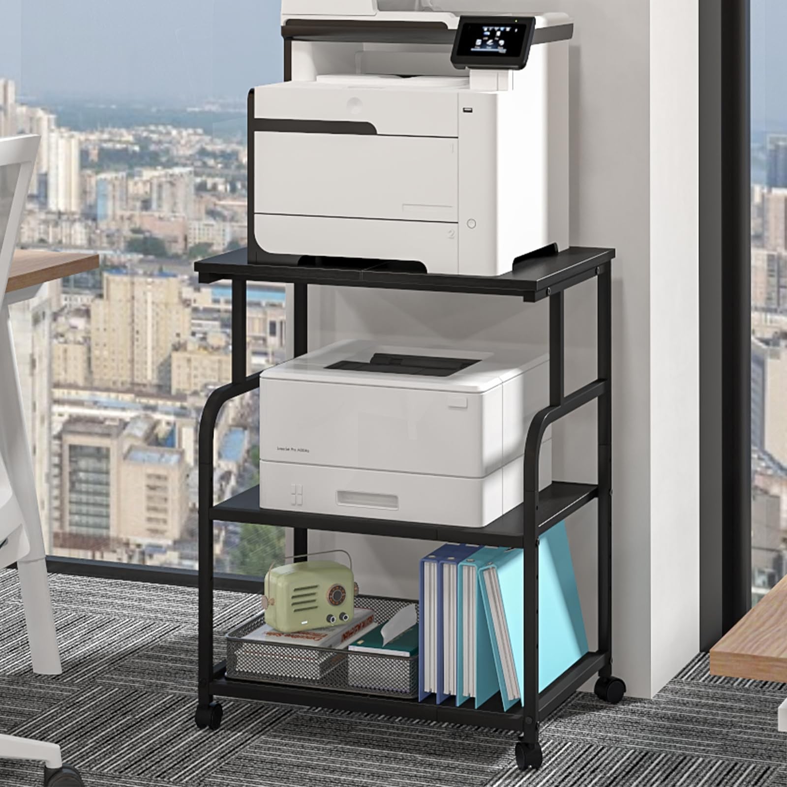 3-Tier Adjustable Large Printer Stand with Storage, Rolling Printer Cart with...
