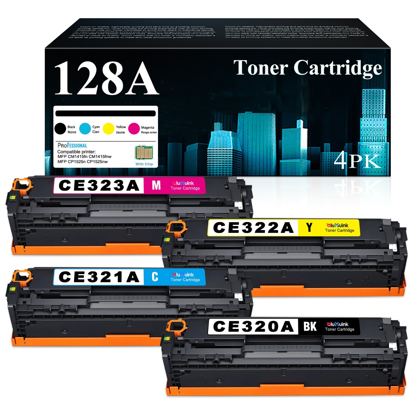 4PK CE320A 128A Toner Set For HP Color LaserJet Pro CP1525nw CP1525n CM1415fn 