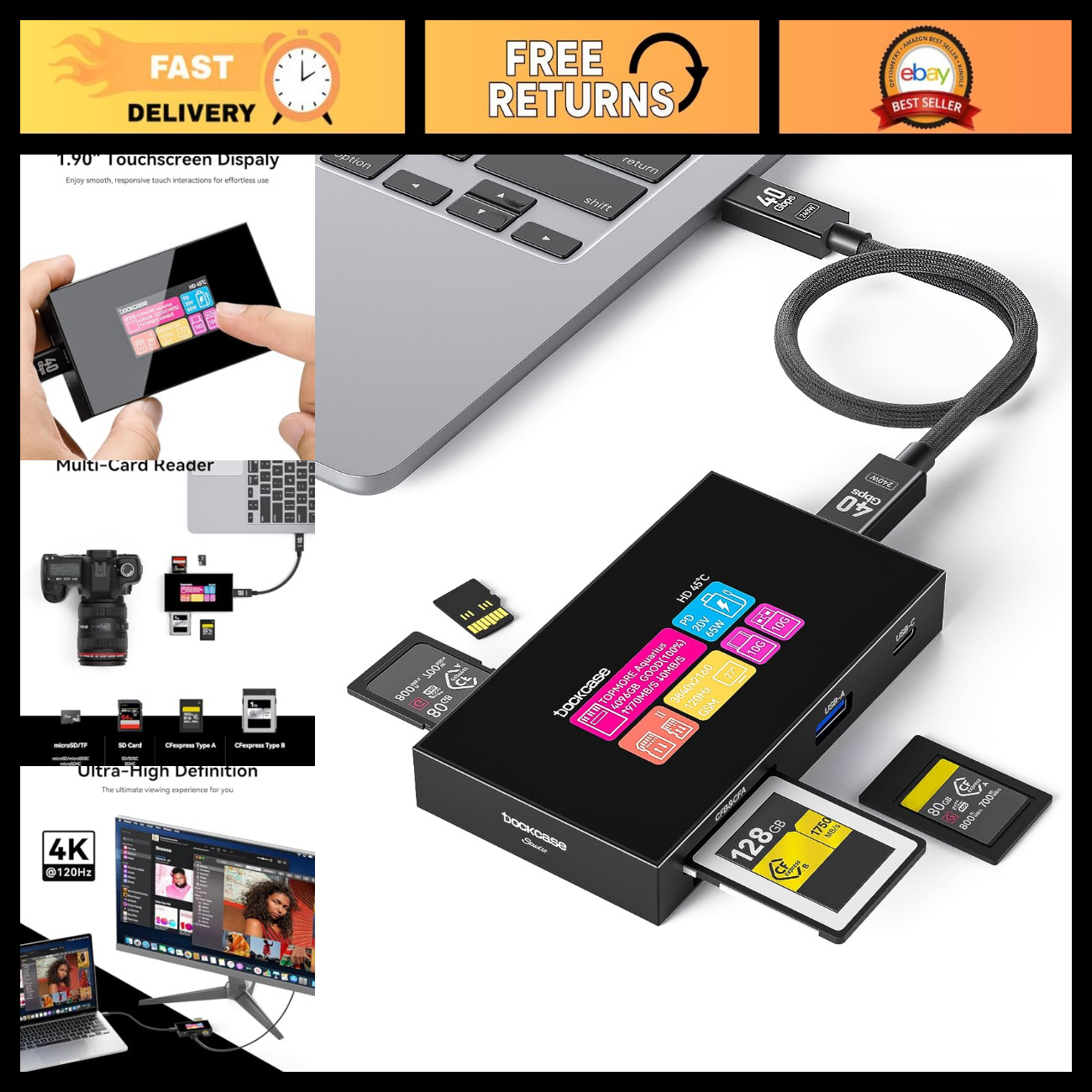 8-in-1 CFexpress Card Reader with Touch Screen, UHS-II SD/microSD, 4K HDMI, USB-