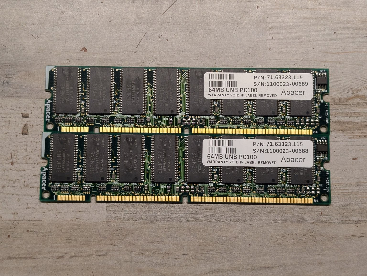 Apacer 64MB PC100 Sdram Memory RAM Modules (128MB total) Lot of 2 Vintage PC
