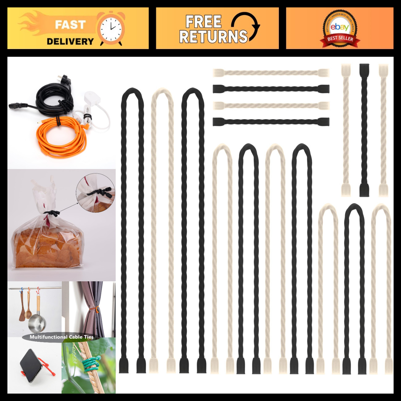 20PCS Reusable Silicone Cable Ties - 4 to 24 Inch Twist Ties for Organizing Cord