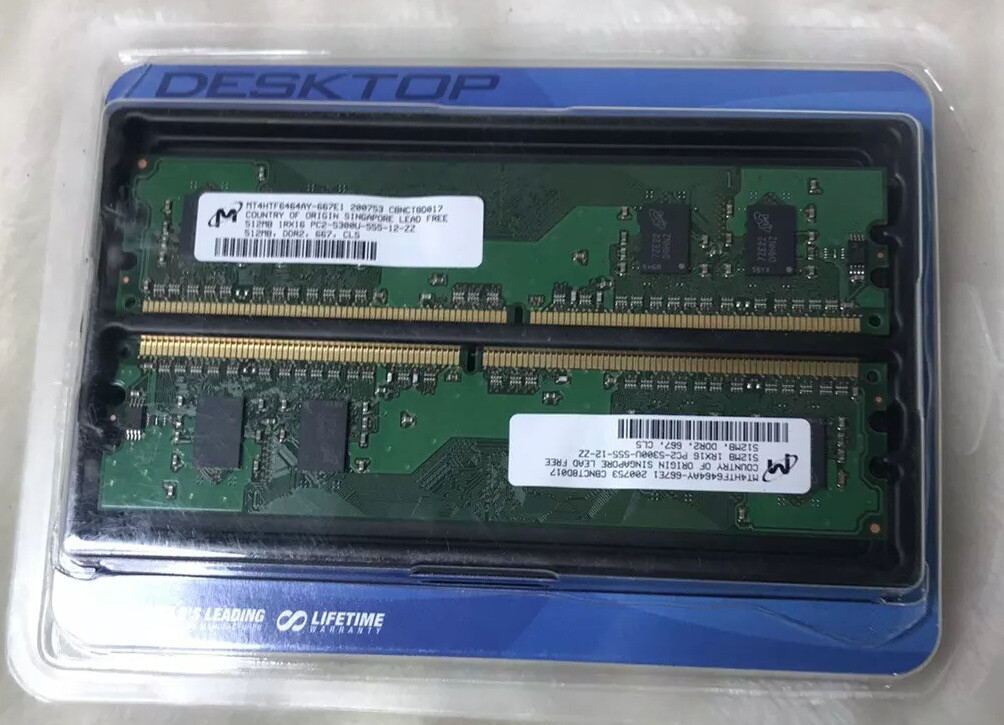 2 Micron Ram Sticks Desktop Memory - 512MB DDR2 PC2-5300U Used MT4HTF6464AY667E1