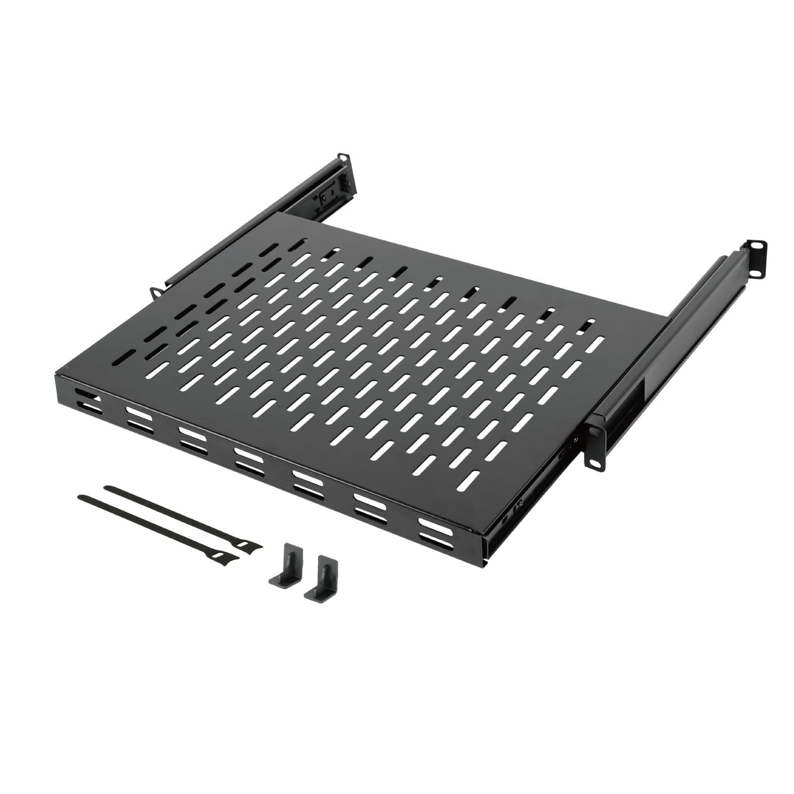 Sliding Rack Shelf 1U Vented 13.8" Deep, Adjustable Depth 13.8-19.7", 110lbs Cap