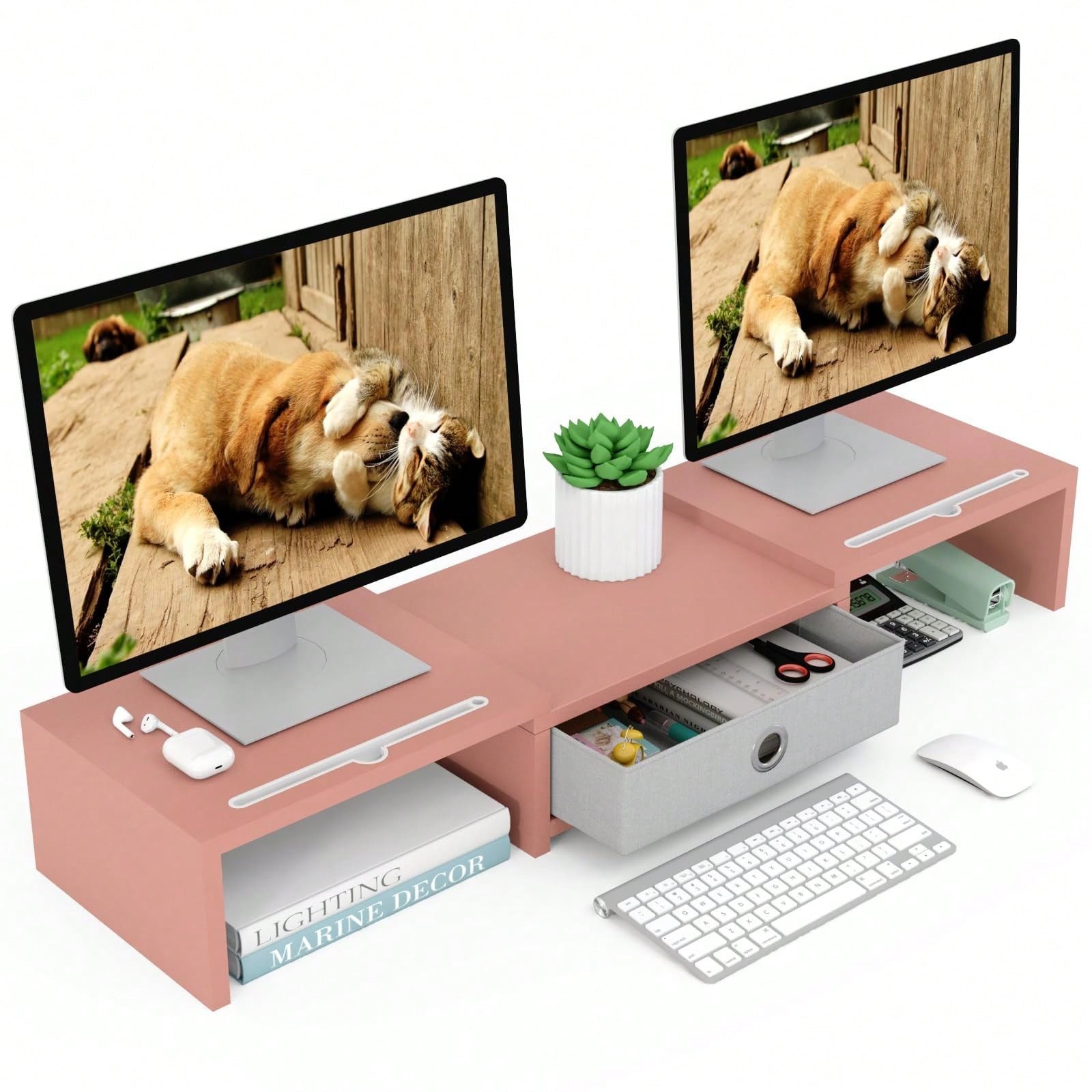 Pink Dual Monitor Riser with Adjustable Side Shelves & Center Storage Drawer