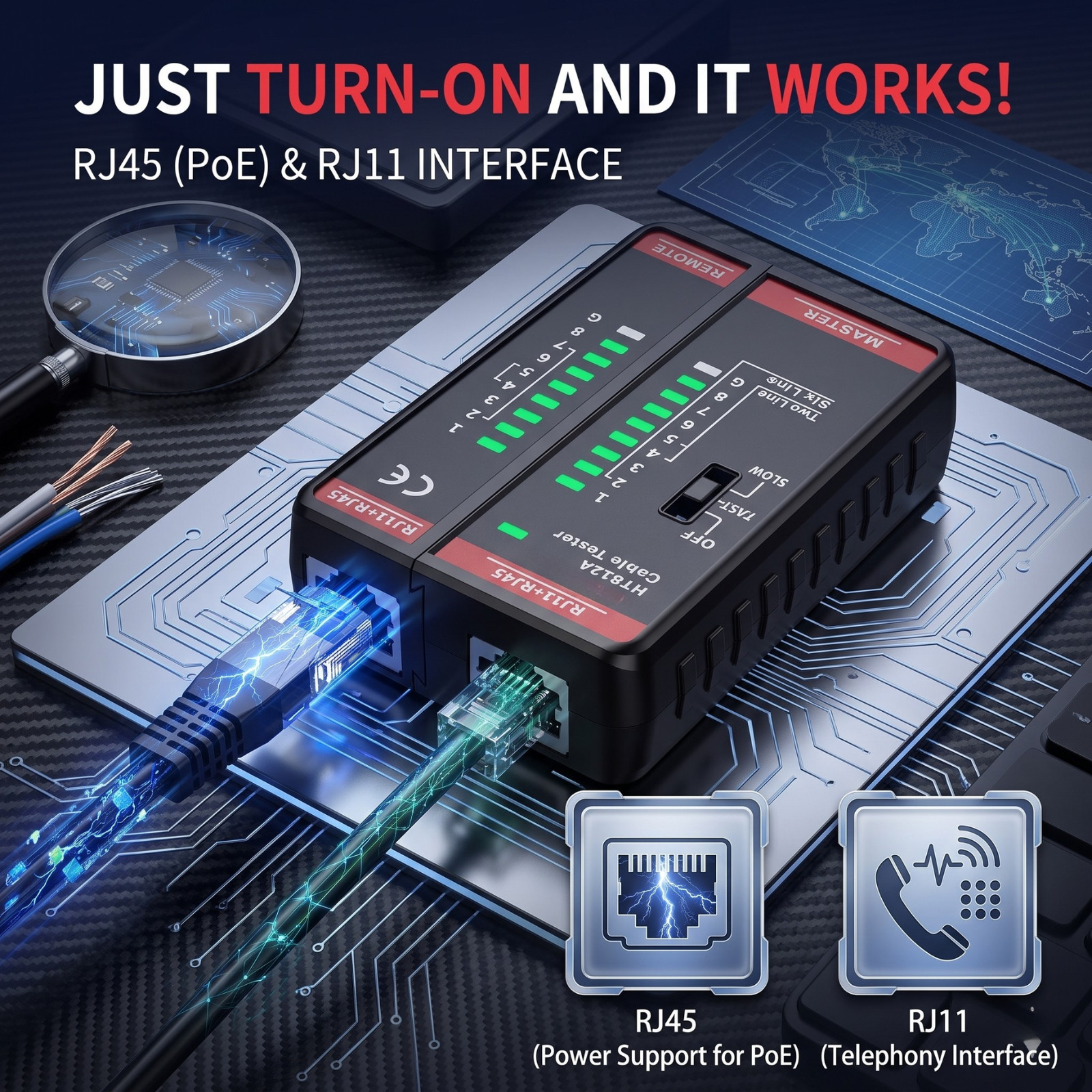 ✅ Adjustable Speed Network Cable Tester HT812A, RJ45 RJ11 LAN Wire Test Cat5/6/7