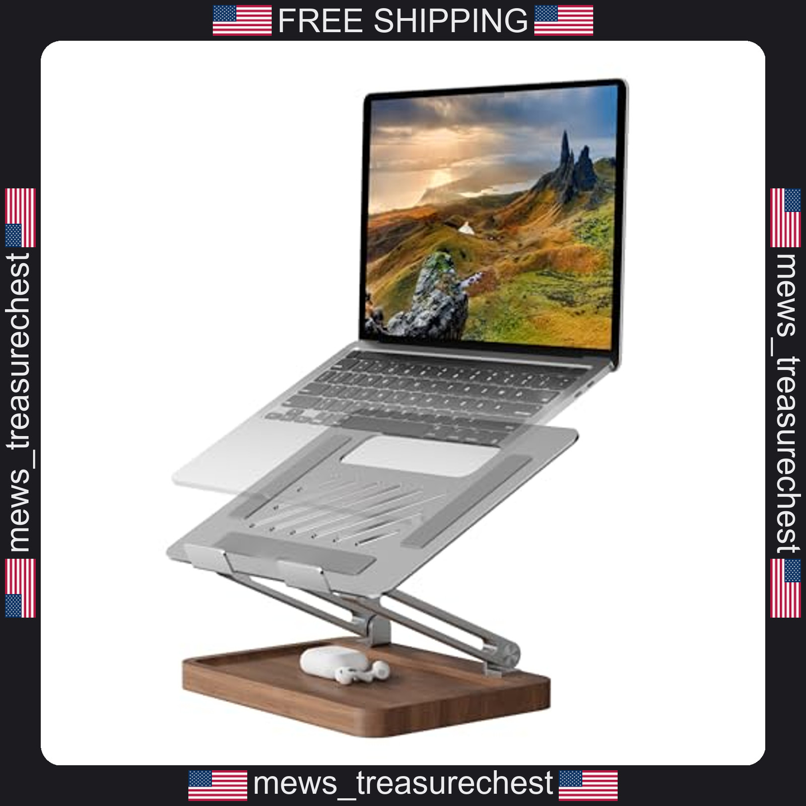 Laptop Stand for Desk, Adjustable Height, Walnut Base, Supports 17.3-inch