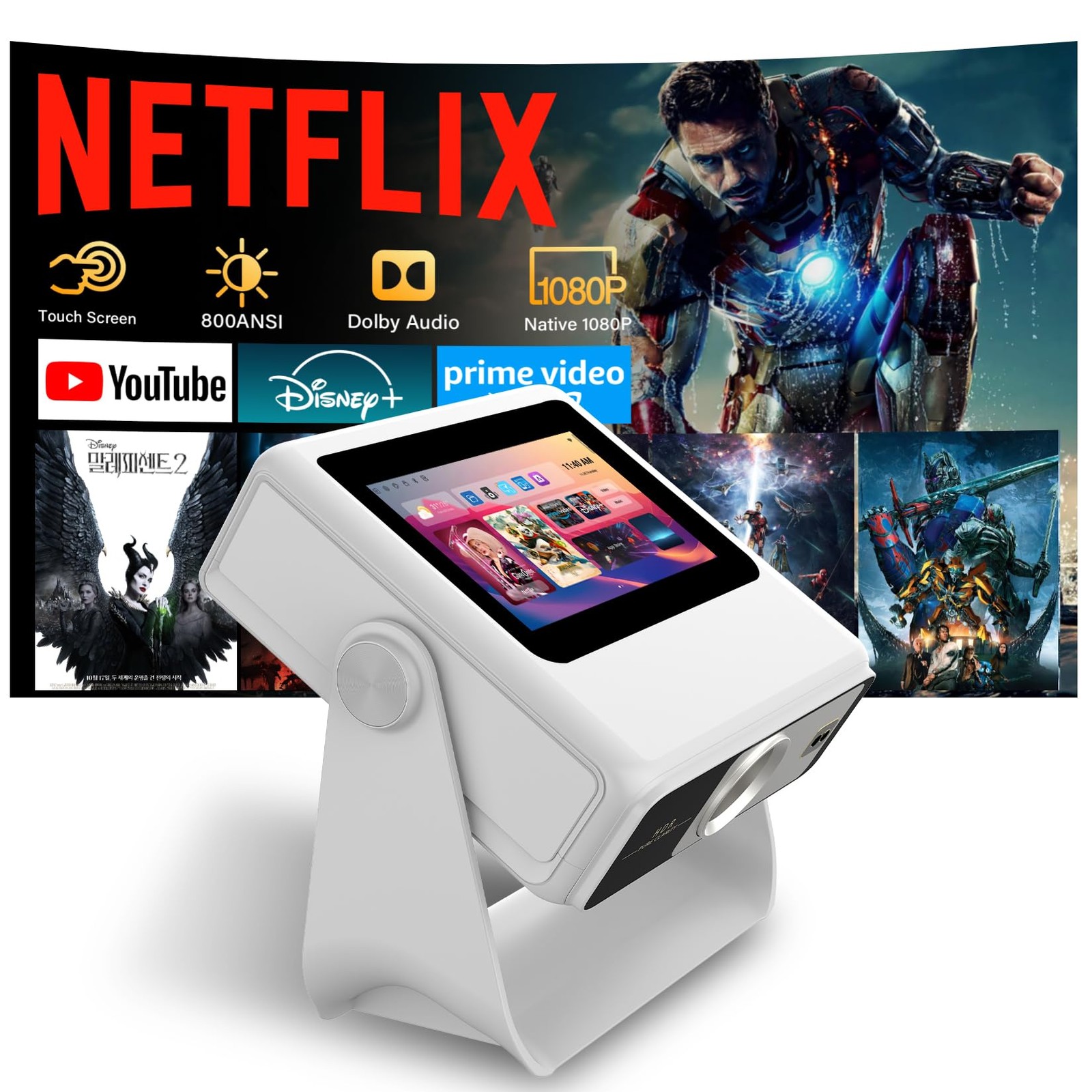 Smart Projector with WiFi and Bluetooth, 4K Supported Native Medium, White