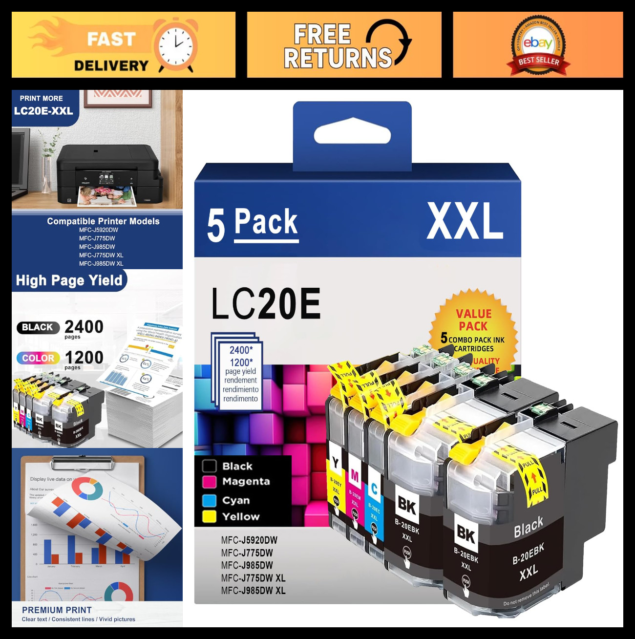 Super High Yield Ink Cartridges 5-Pack Replacement for Brother MFC Printers
