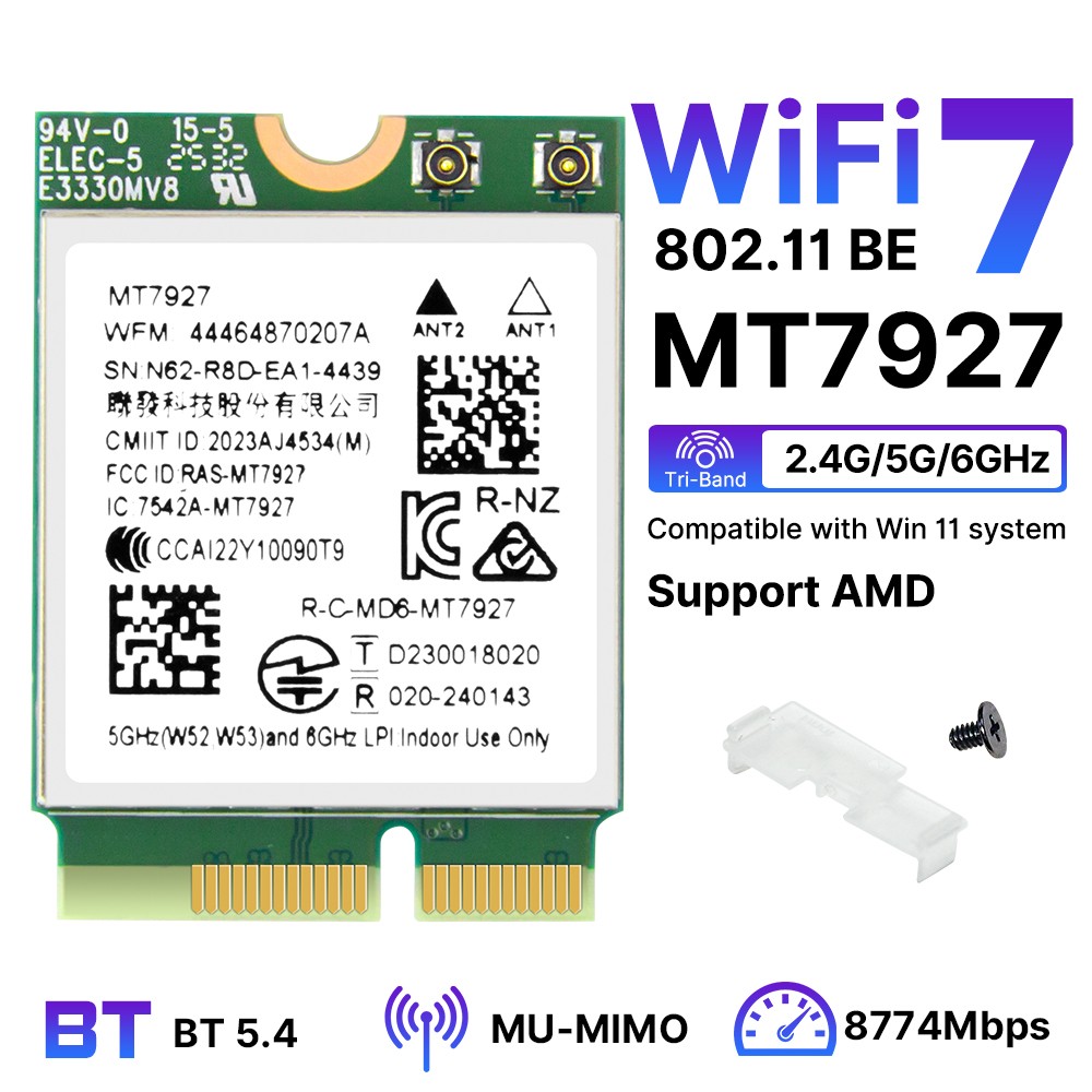 Wi-Fi 7 Tri-Band MT7927 M.2 2230 Wireless Card with Bluetooth 5.4 Key E Slot PC