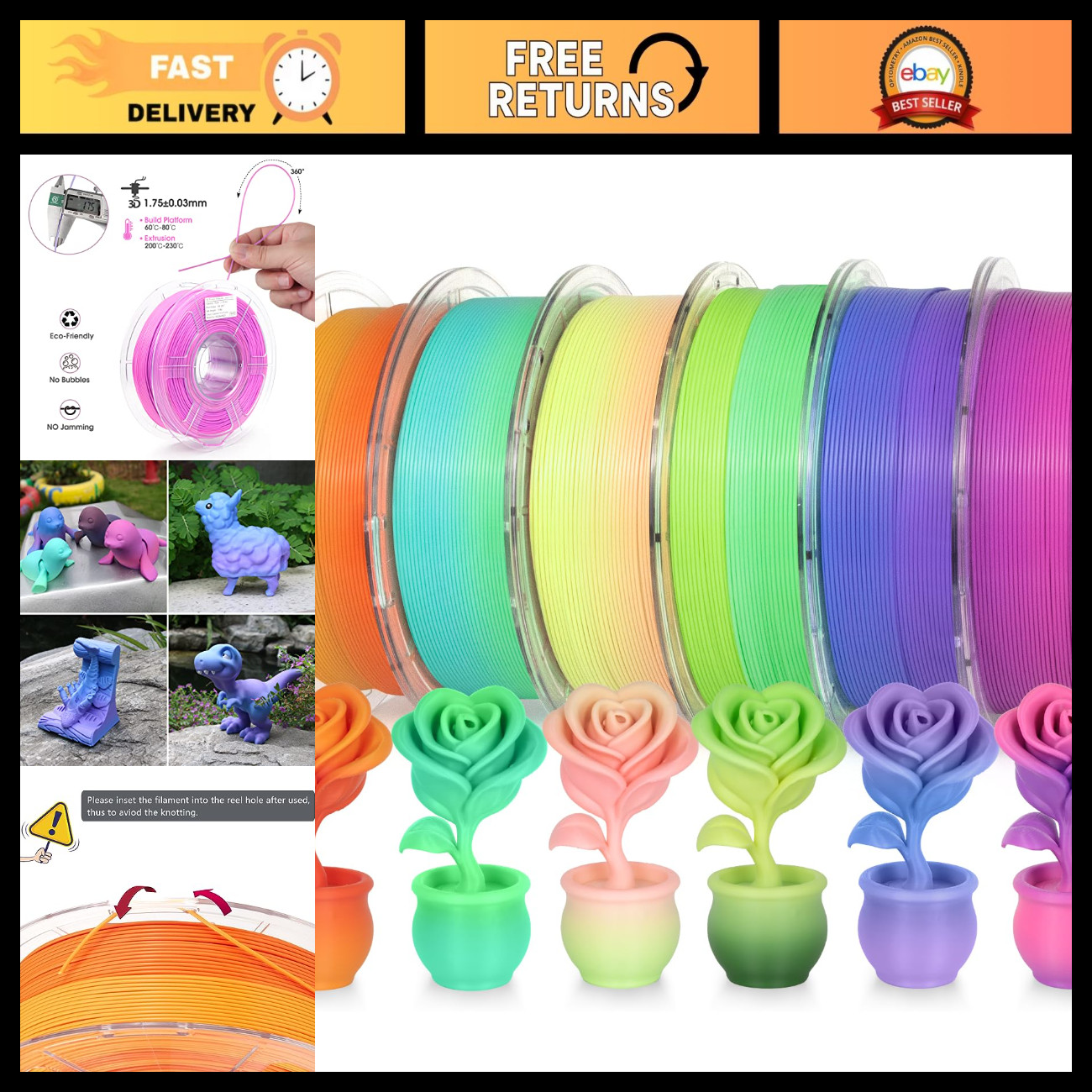 Rainbow PLA 3D Printer Filament Bundle - Color Changing, 1KG x 6 Spools, Accurat