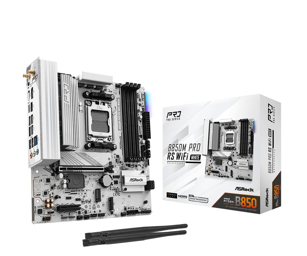ASRock B850M Pro RS WiFi White AMD AM5 Micro-ATX Motherboard, White Edition, ...