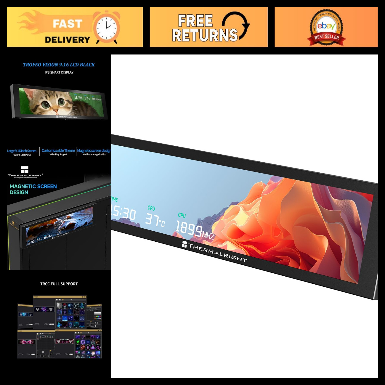 9.16" Full-Color LCD Magnetic Display Screen, 1920x480, Easy Install, CPU/GPU Te