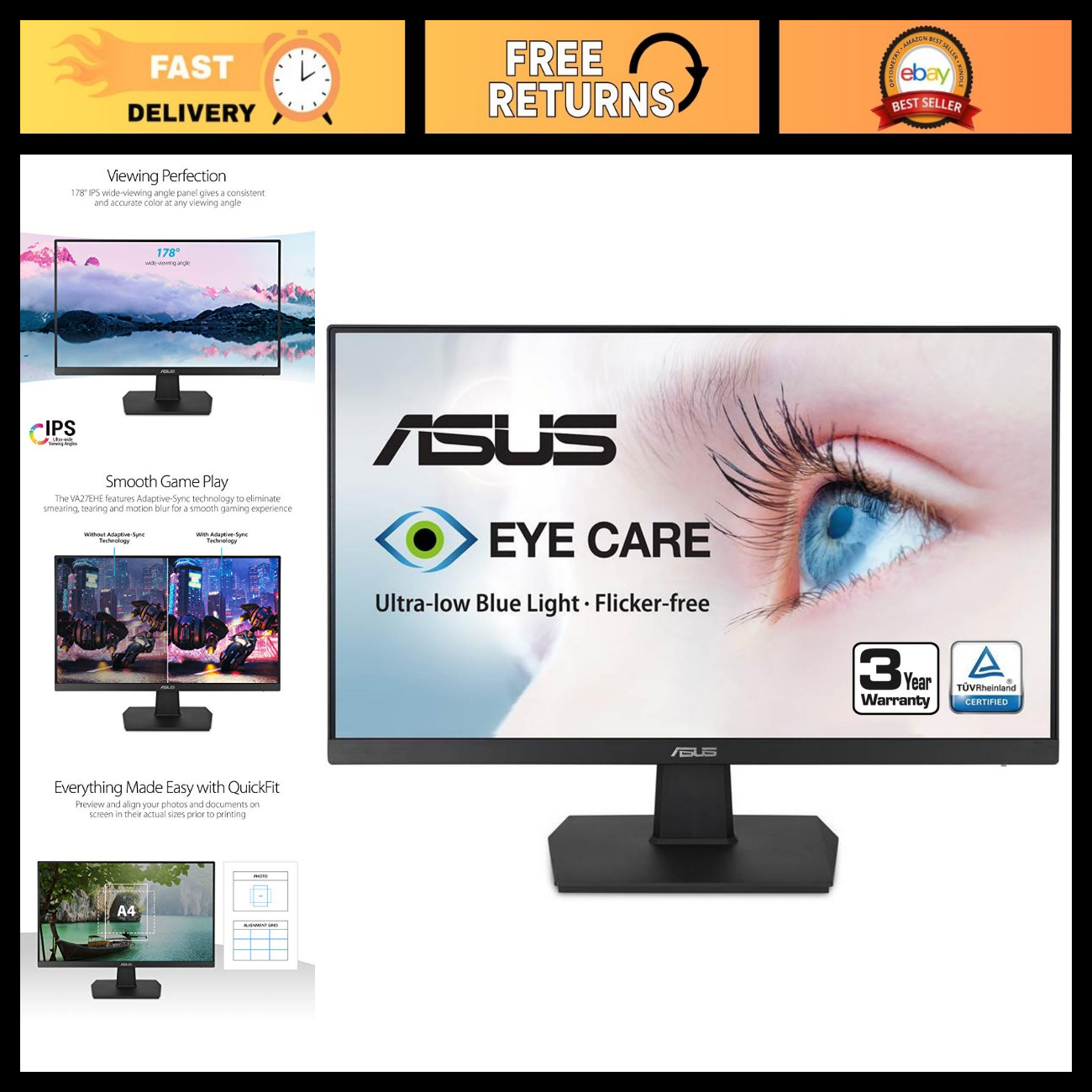 27" Full HD IPS Monitor - 1920x1080, 75Hz, Adaptive-Sync, HDMI, Frameless Displa
