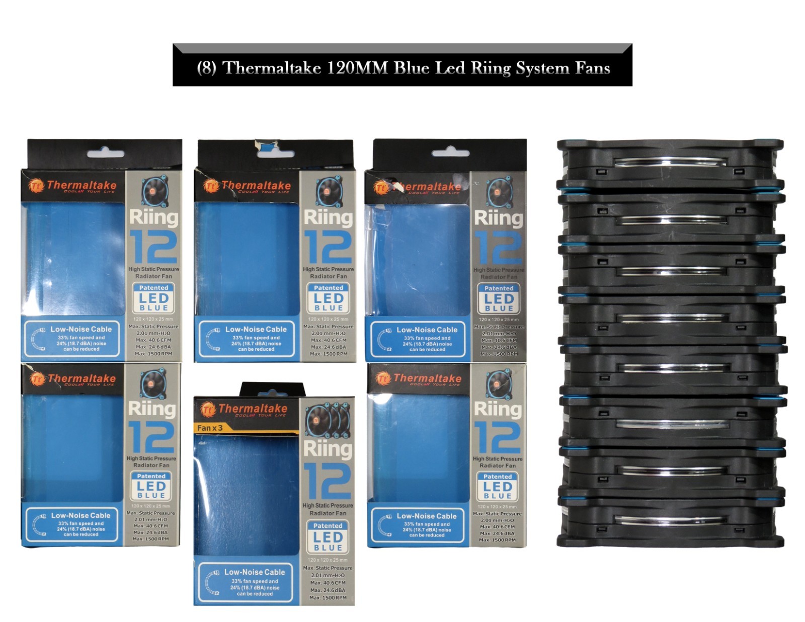 (8) Thermaltake 120MM Blue Led Riing 12 System Fans Plus