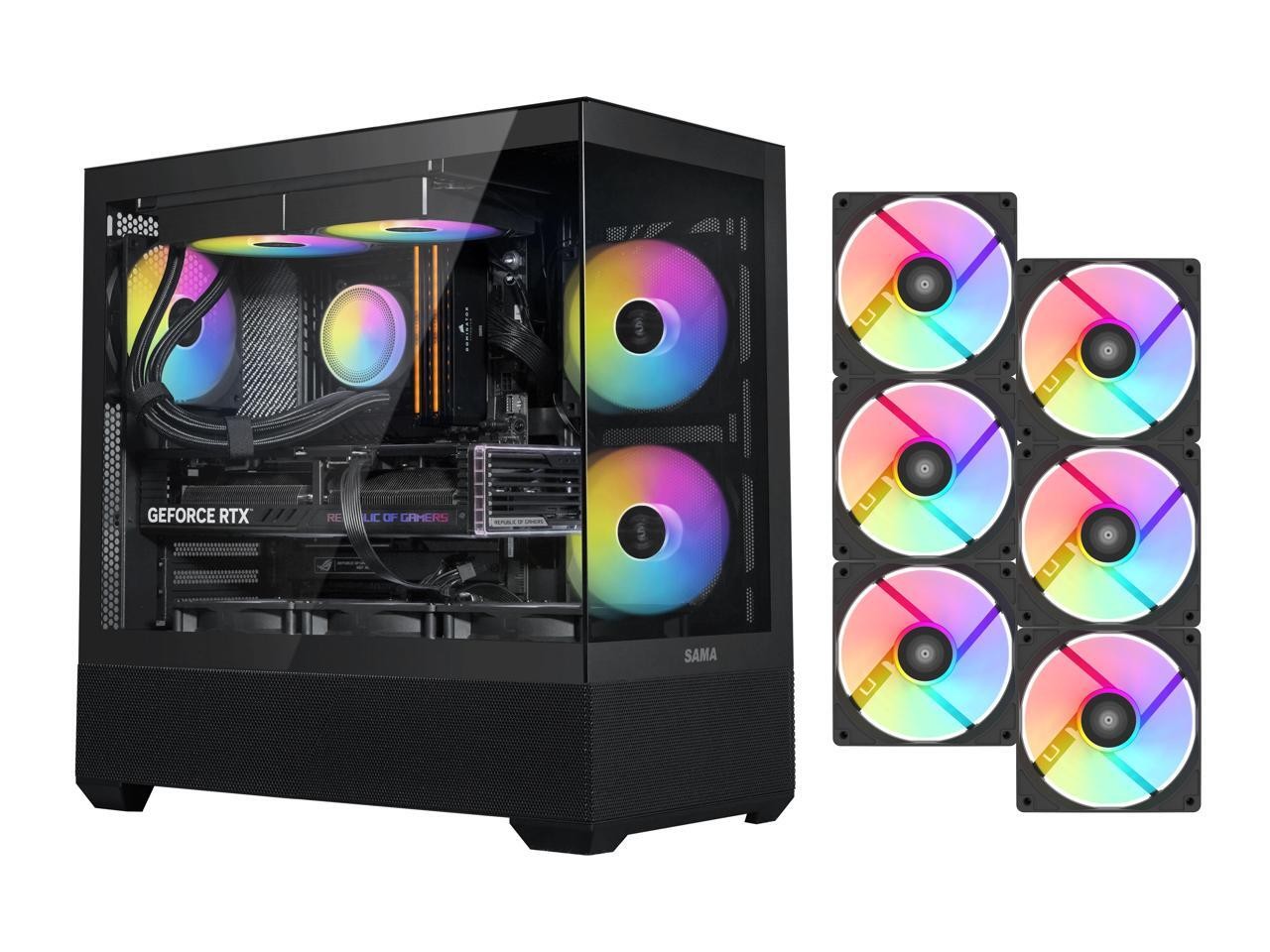 SAMA V40 Black ATX Mid Tower PC Case, 6 Pre-Installed 120mm ARGB PWM Fans, Dual
