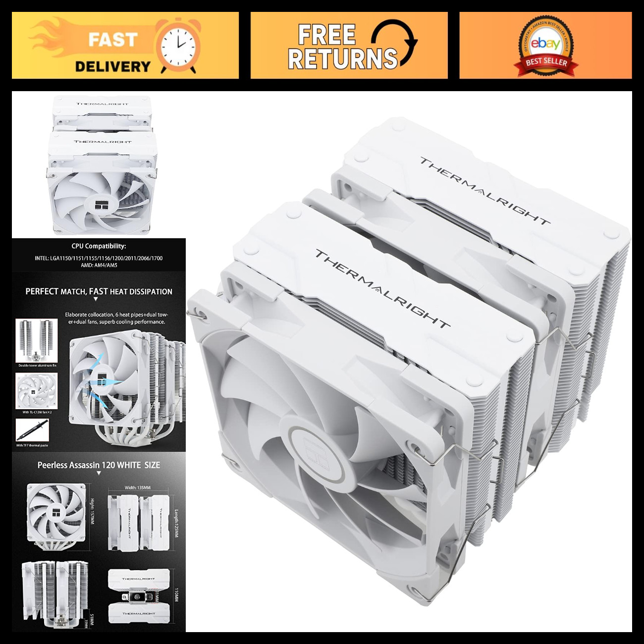 High-Performance CPU Air Cooler, Dual Tower Design, 6 Heat Pipes, 1550RPM, AMD/I