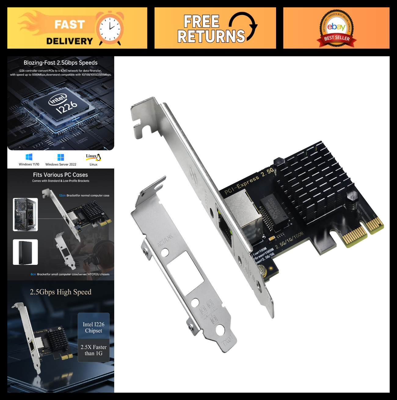 2.5Gb PCIe Network Card, Intel I226-V Chip, 2500M/1000M Adapter for Windows/Linu