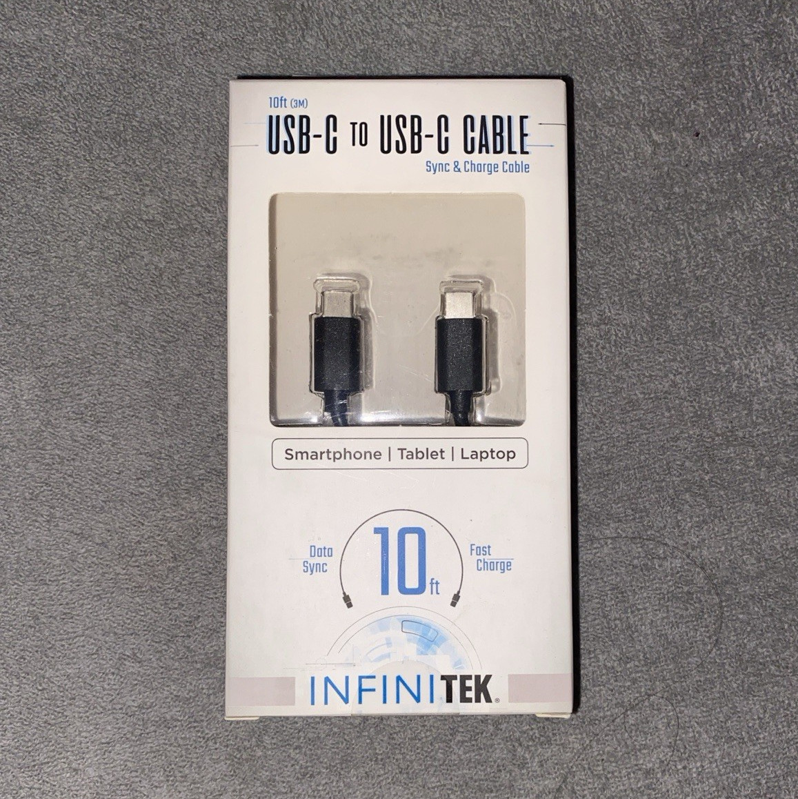INFINITEK USB-C to USB-C 10ft Fast Charge Sync & Data Cable Black