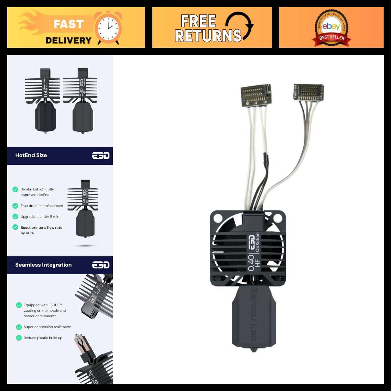 High Flow Hotend 0.4mm Nozzle for 3D Printers - 60% Increased Flow Rate, Easy In
