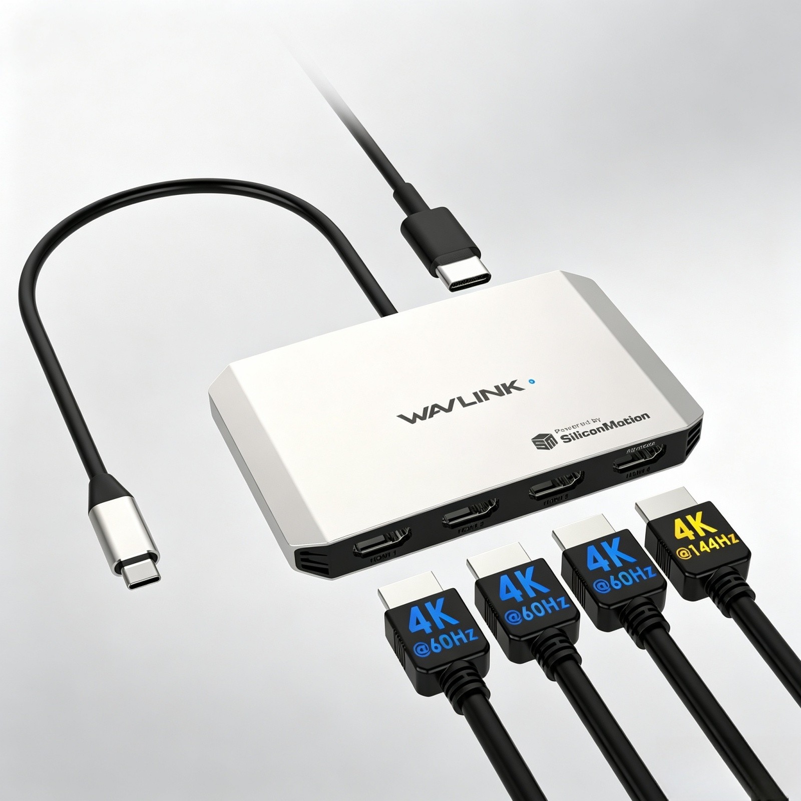 USB-C to Quad HDMI Adapter 4x 4K Monitors Hub Max 130W PD for Windows/macOS