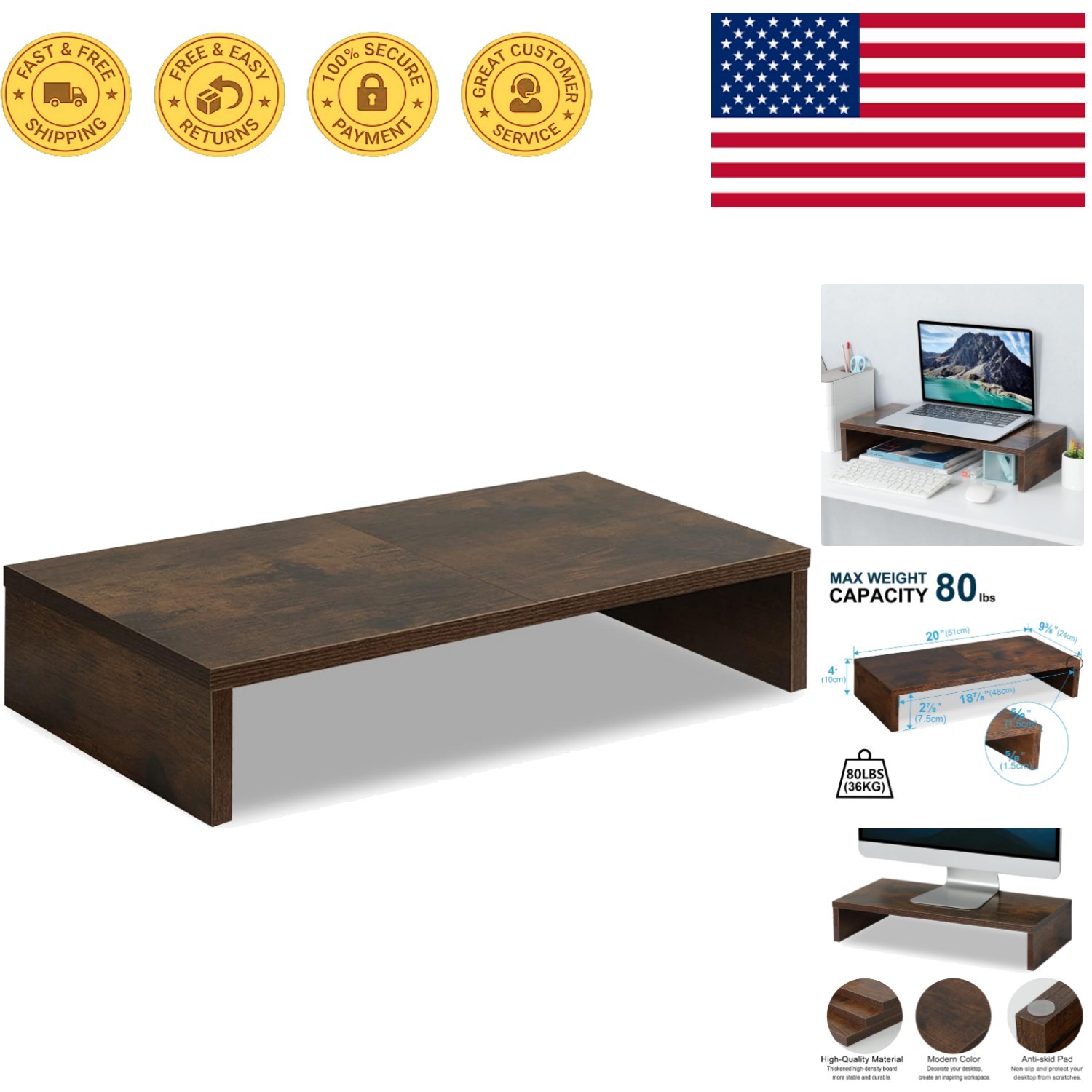 Elegant 20-Inch Rustic Wooden Monitor Stand Riser for Ultimate Desk Organization