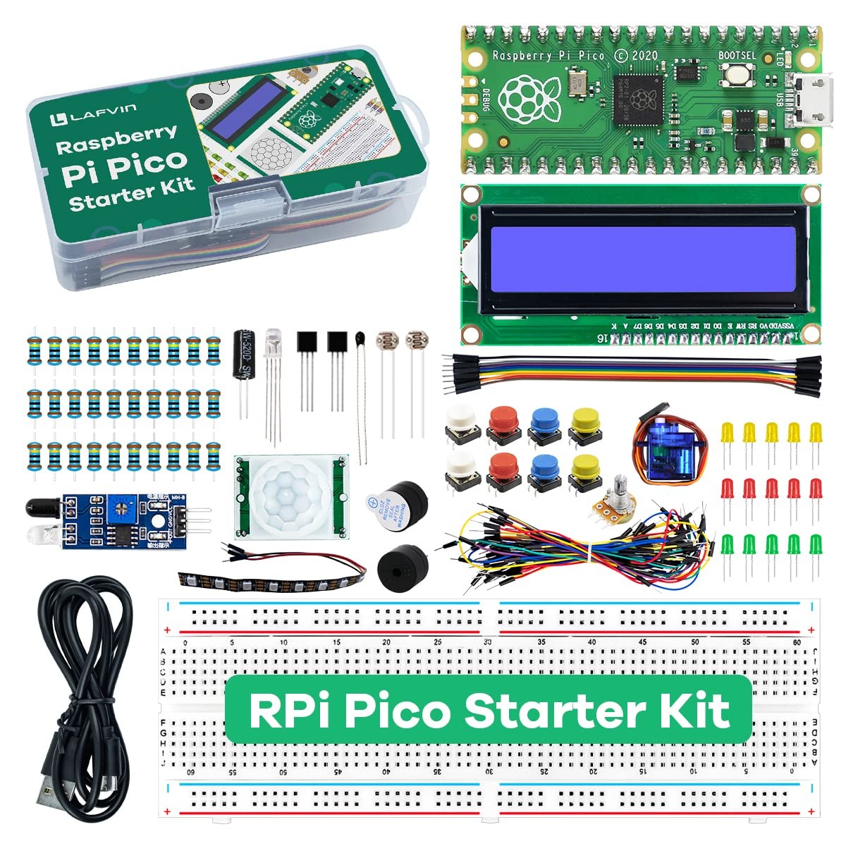Basic Starter Kit for Raspberry Pi Pico, LCD1602 Display, SG90 Servo, WS2812 ...
