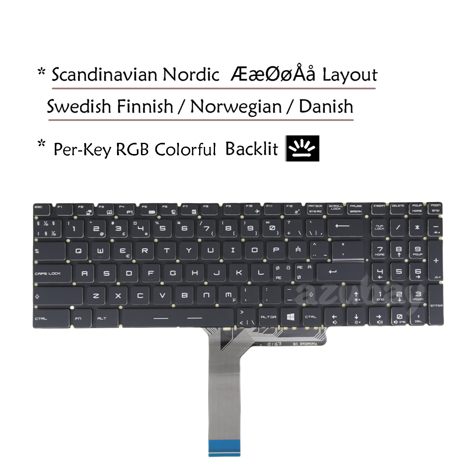 Nordic ND Keyboard For MSI Alpha 17 A4DEK, Bravo 17 A4DDK, Per-Key RGB Backlit
