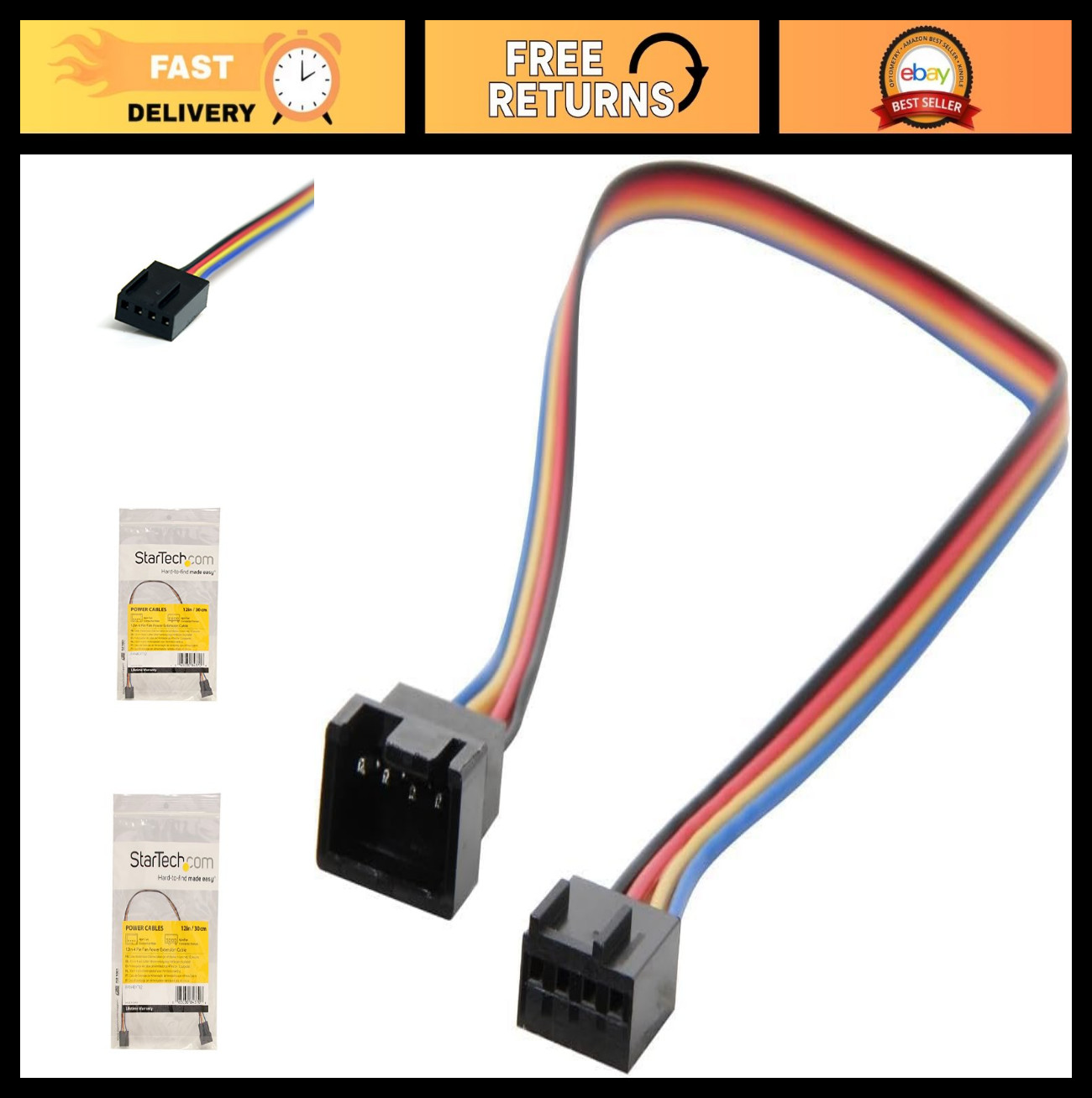 12in 4 Pin Fan Power Extension Cable M/F - PWM Connector - Pack of 5 Cables