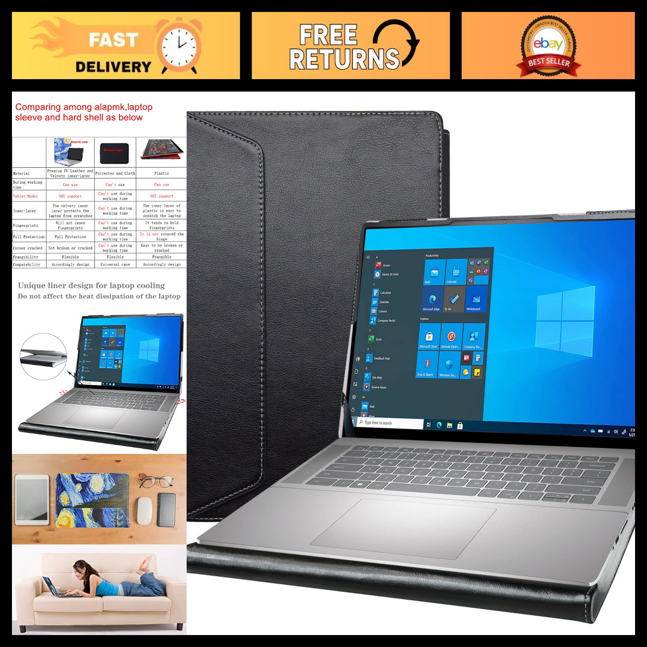 Universal Protective Case for 16" Laptops, 2-in-1s - Fits Dell & ASUS Models, Bl