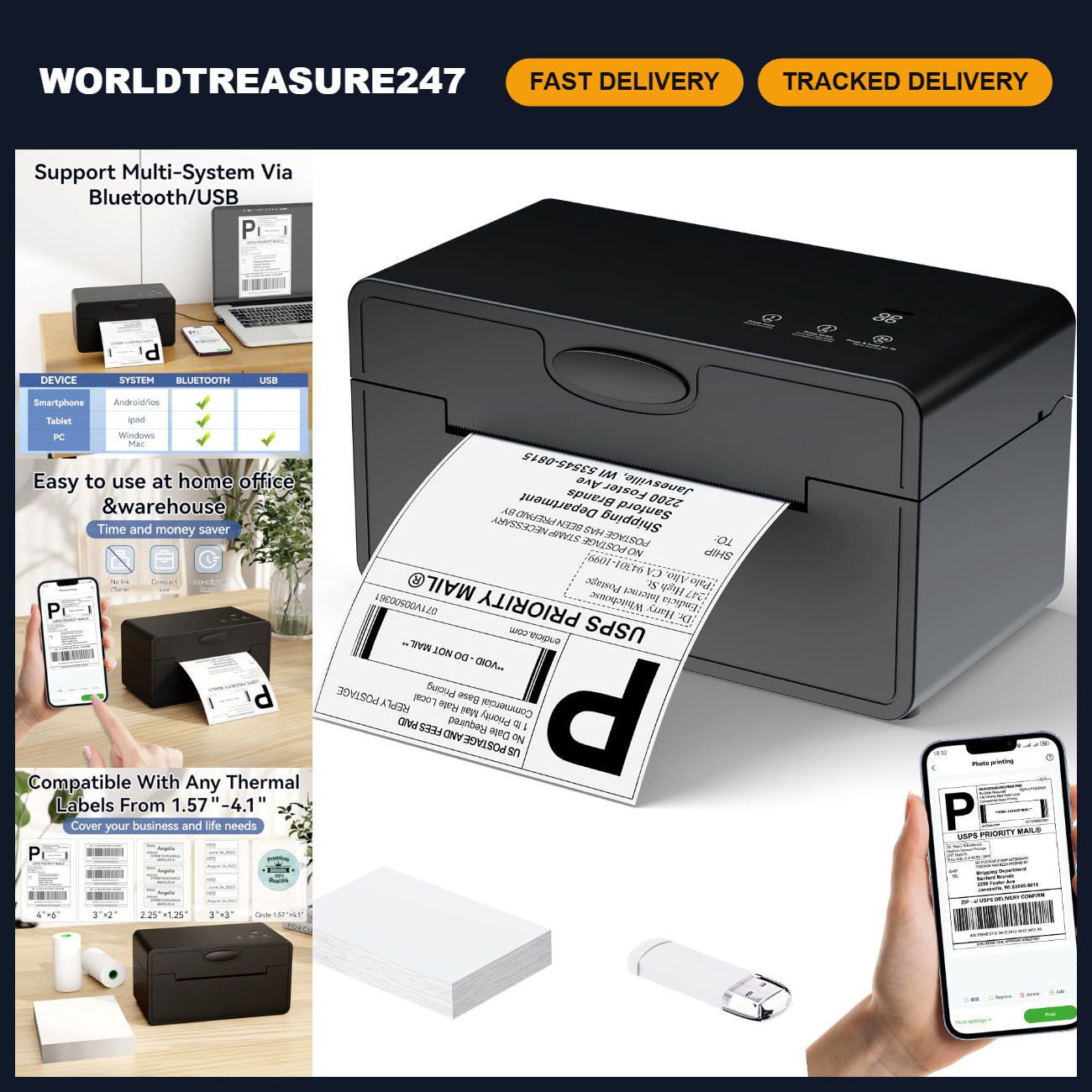 Wireless Bluetooth Thermal Shipping Label Printer - 4x6 Label Maker, Portable &