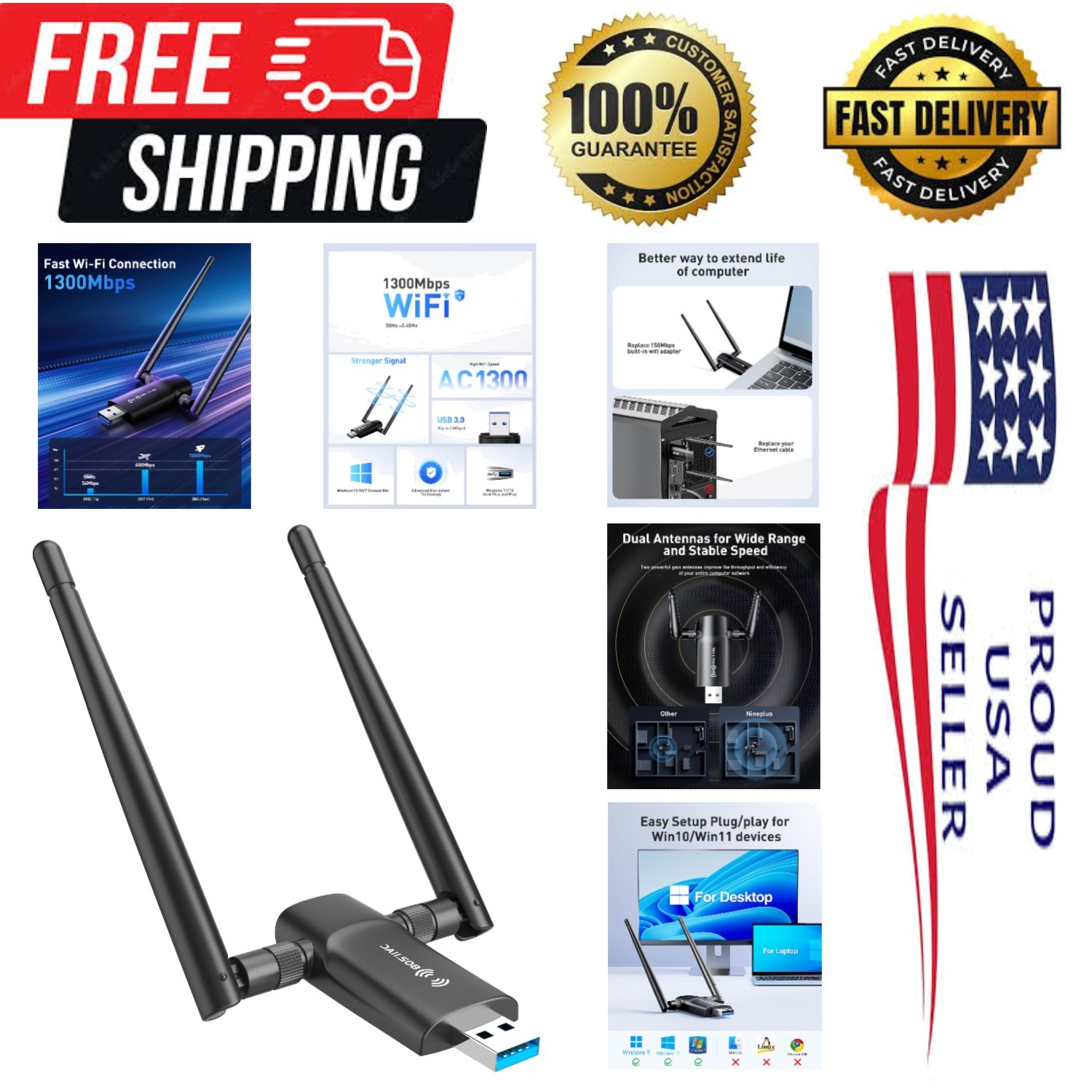 Upgrade Your Connection with 1300Mbps USB WiFi Adapter & Dual 5Dbi Antennas