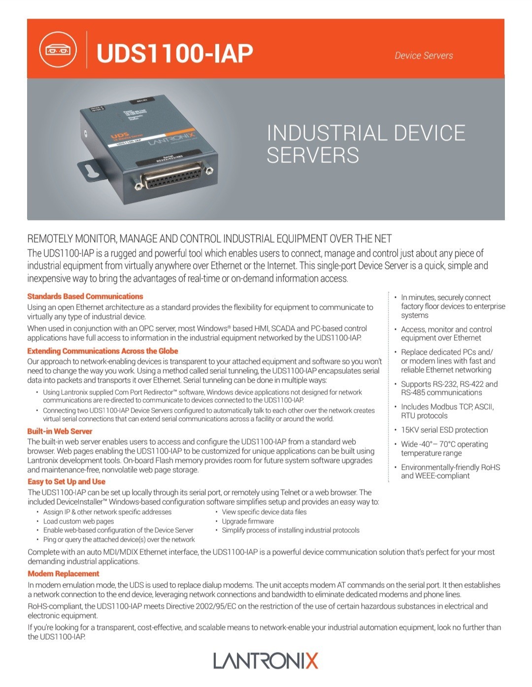 Lantronix UD1100IA2-01 External Device Server Supports RS-232, RS-422 and RS-485