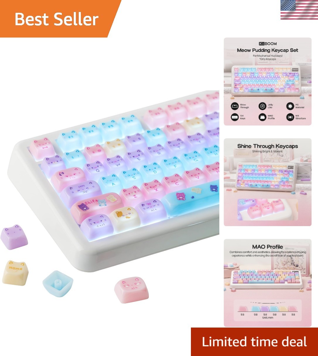 Charming Cat Themed Keycaps - Durable MAO Profile for MX Switches, Meow Pudding