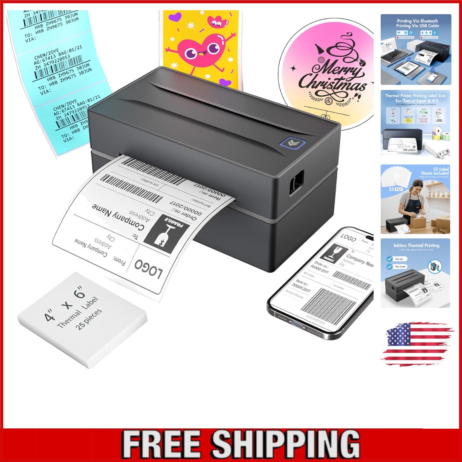 Compact 4x6 Thermal Printing Label Printer - Bluetooth Compatible for E-commerce