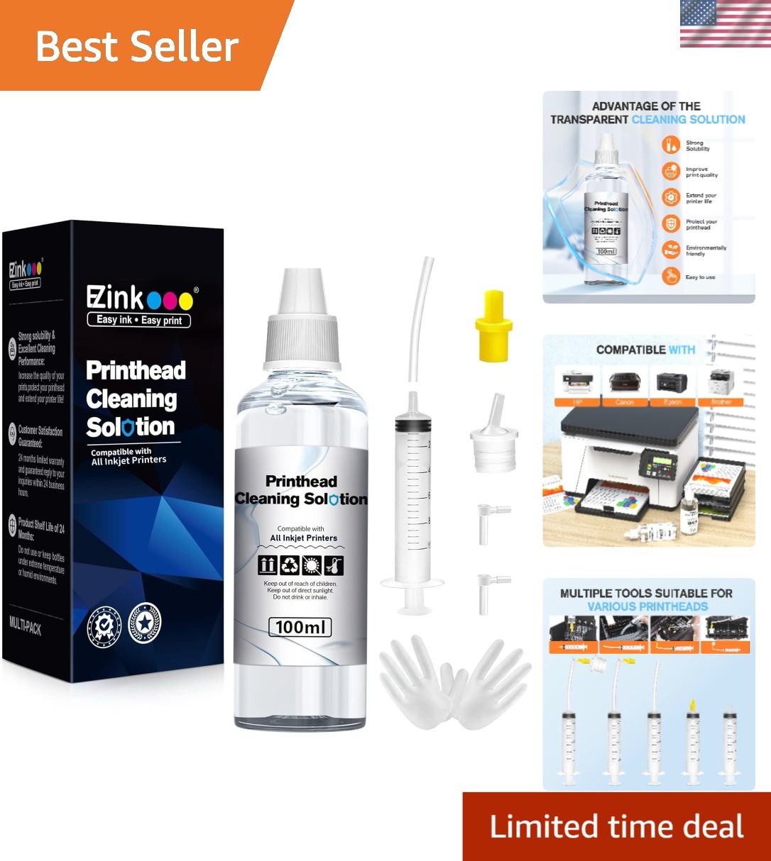 100ml Universal Inkjet Printer Cleaning Kit - For Epson, HP, Canon, Brother