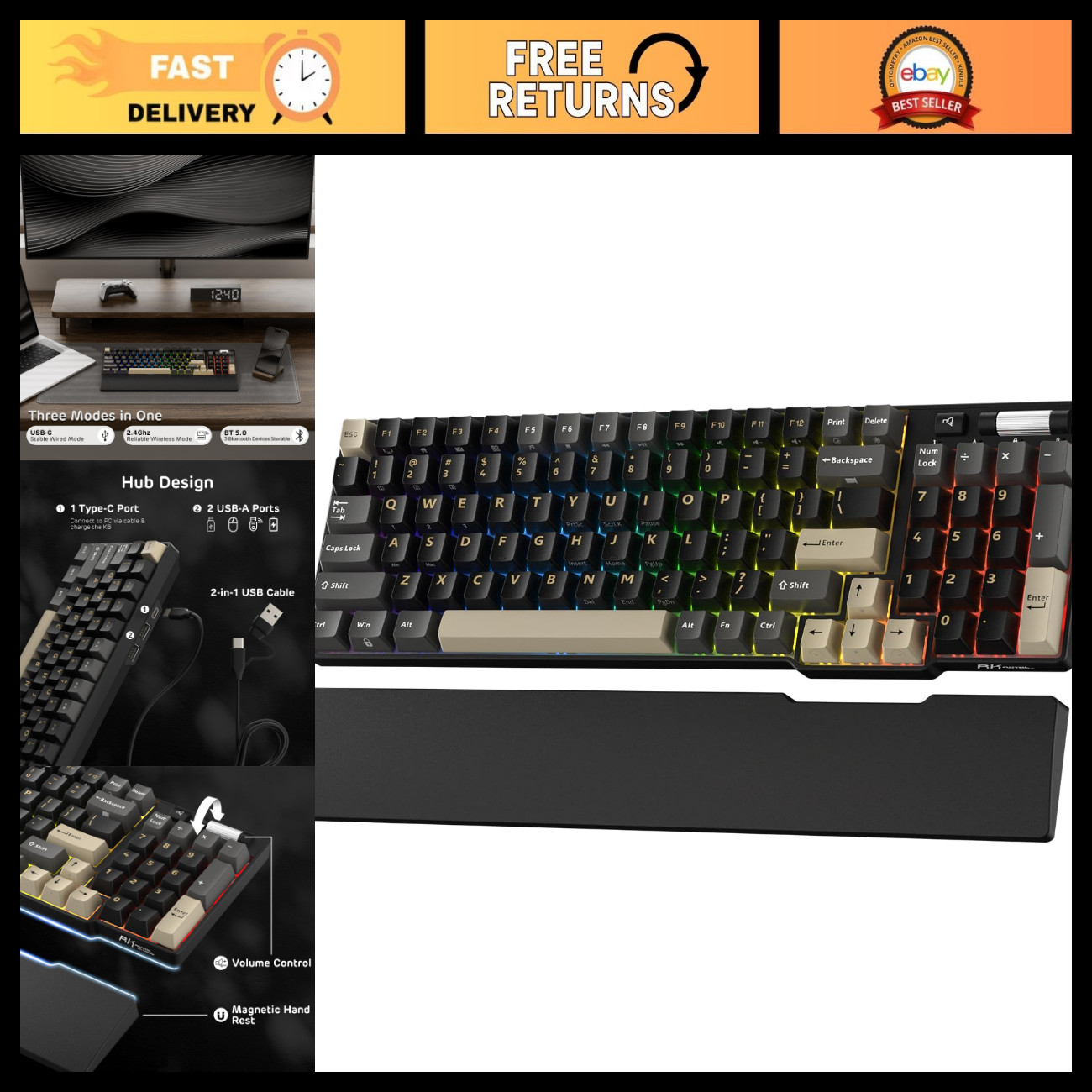 RGB Wireless Mechanical Gaming Keyboard with Wrist Rest - Compact & Customizable