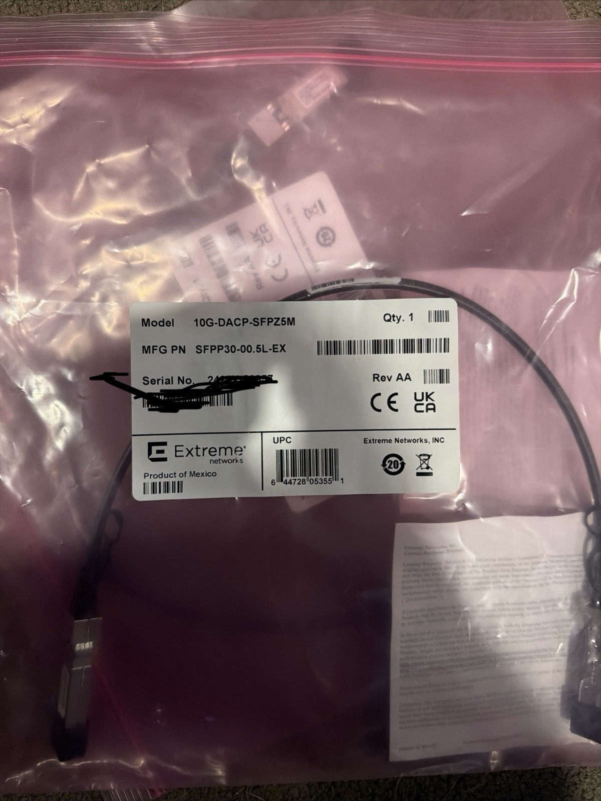 EXTREME NETWORKS 10G Passive DAC SFP+ Network Cable 0.5m 1.64 ft 10gb/s
