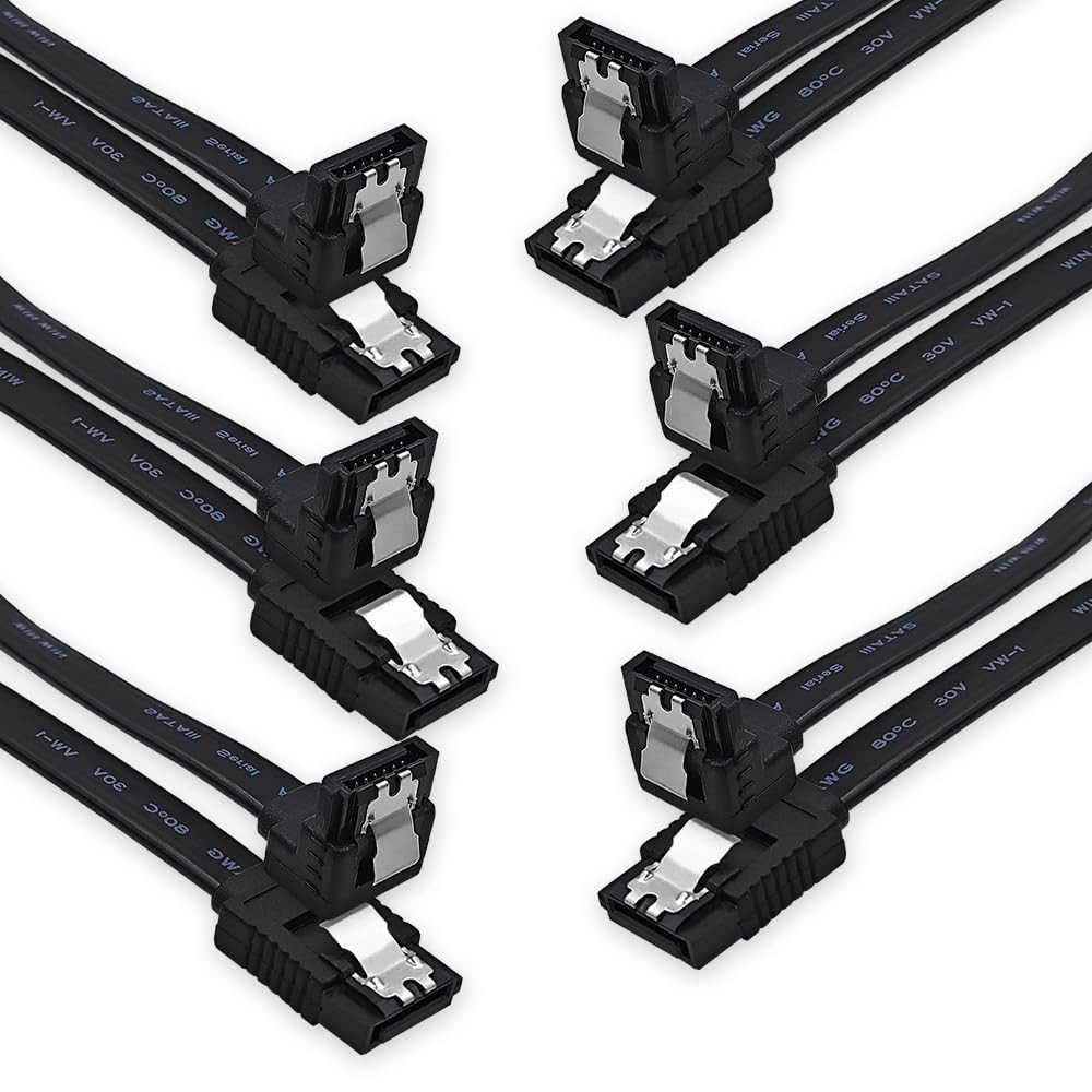 6 Pack 18 Inch SATA Cable SATA III 6Gbps 90 Degree Right Angle to 180 Black