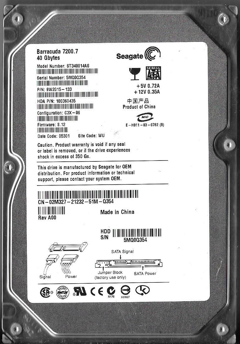 Seagate ST340014AS 40GB Sata Hard Drive P/N: 9W2015-133 Firmware: 8.12  WU