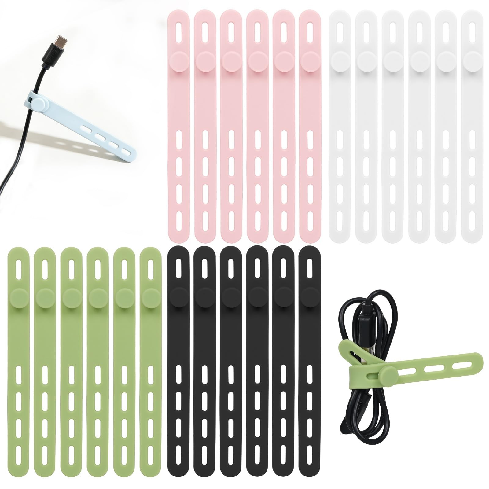 Donruby 24Pcs Silicone Cable Ties, Reusable 5.12 Inch, Black/White/Pink/Green