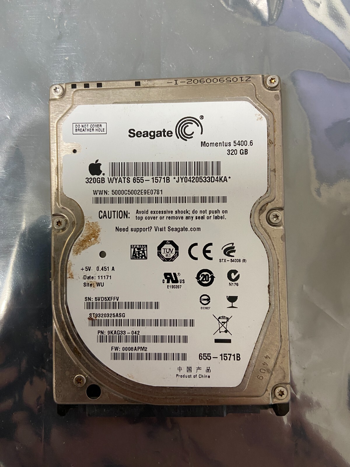 Seagate ST9320325ASG 9KAG33-042 FW:0008APM2 WU Apple#655-1571B 320gb Sata HDD