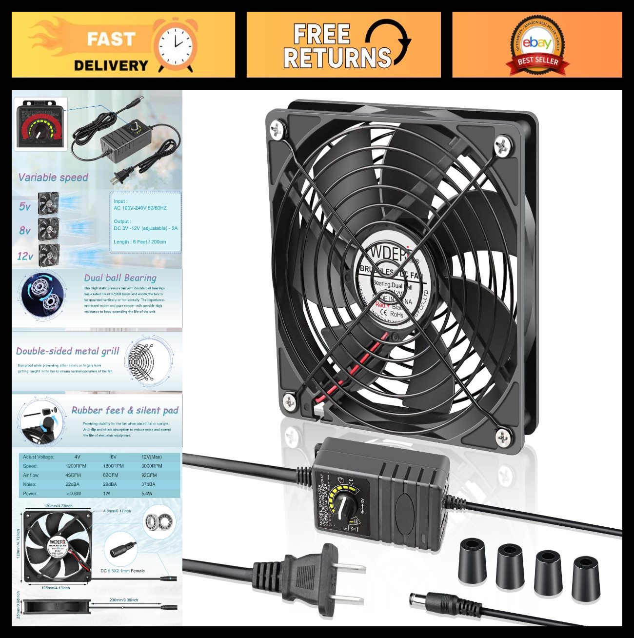120mm AC to DC 12V Computer Fan, Variable Speed for PS, Router, Xbox, Cooling