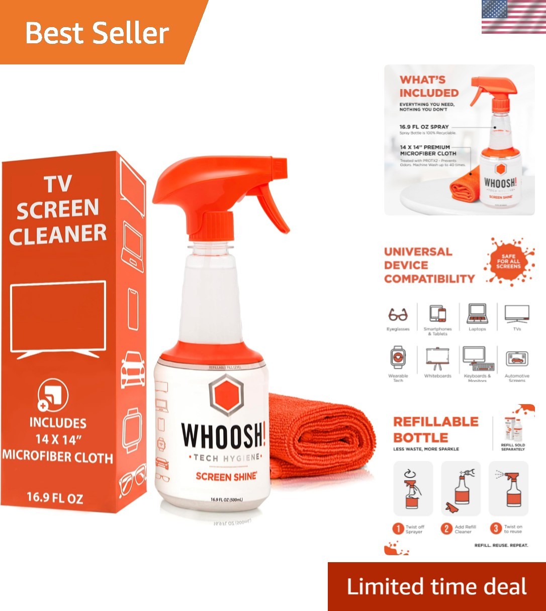 Screen Shine Pro – Refillable TV Screen Cleaner & Cloth, 16.9 fl oz
