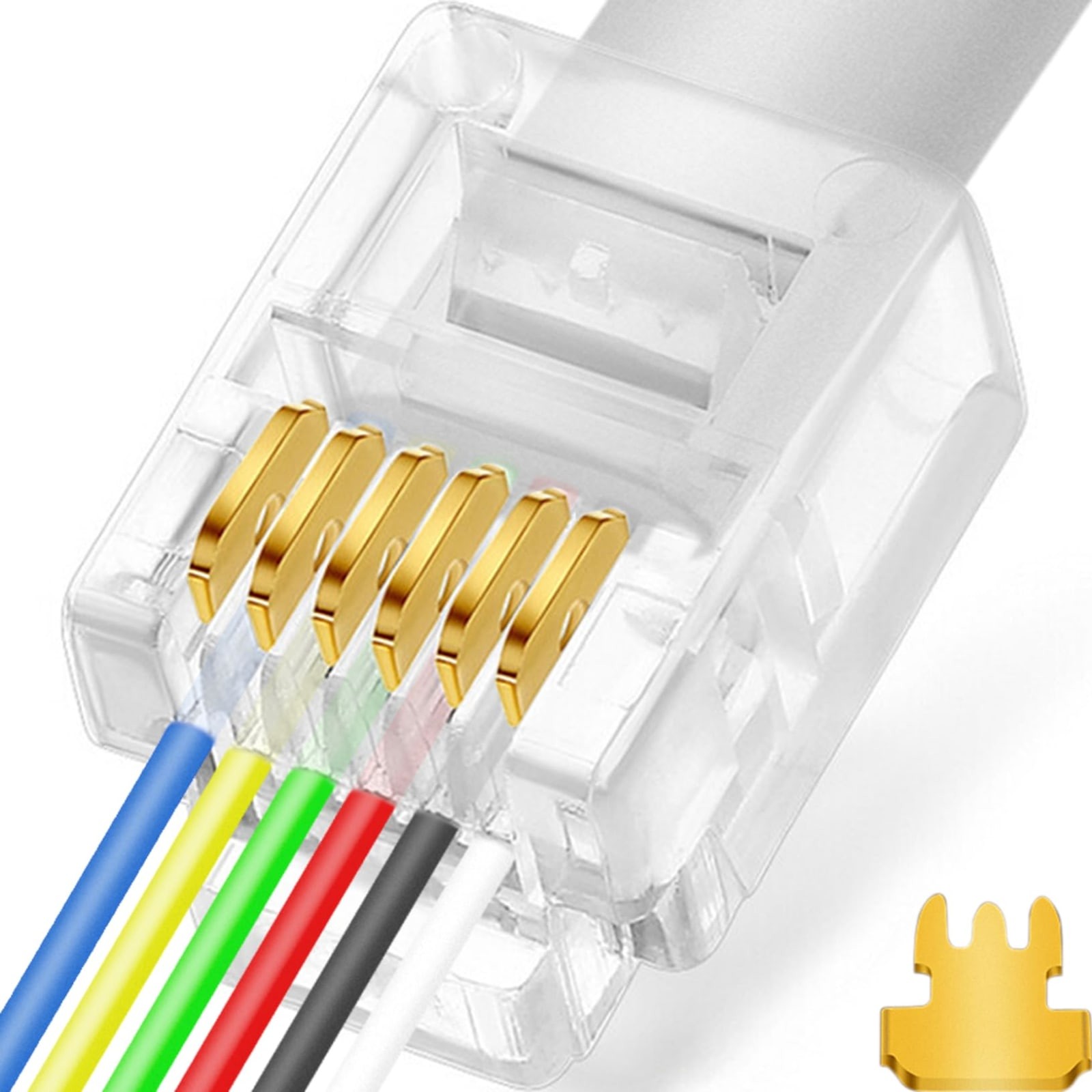20 Pack RJ11/RJ12 6P6C Pass Through Phone Plugs 3-Prong Gold Plated Transparent